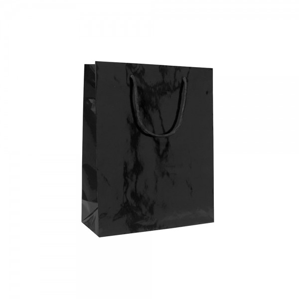 Luxe glans gelamineerde papieren draagtas katoenen koorden omgeslagen bovenrand wit gecoated - Zwart - 14x7x14+4 cm -0